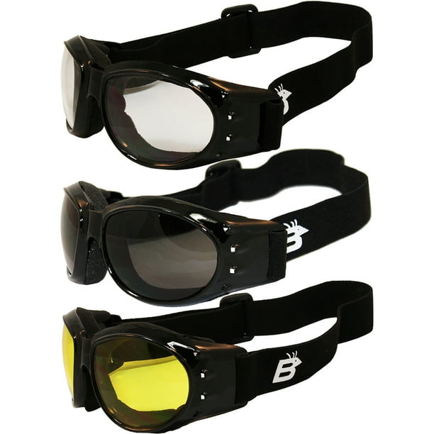 2 Pairs of Birdz Eyewear Parrot Black Padded Motorcycle Goggles Clear /& Smoke Lenses